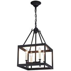 ANJIADENGSHI Lantern Pendant Light Lantern Iron Cage 4 E12 Bulbs Lantern Chandelier for Dining Room Bar Cafe ,Matte Black(Bulbs Not Included)