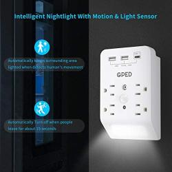 USB Wall Outlet, Surge Protector, Plug-in Night Light with 2 USB & 1 Type-C 4.8A Ports 4 Outlet, Intelligent Nightlight with Motion & Light Sensor, ETL Listed, Suitable for Living Room (01)