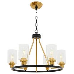MELUCEE 6-Light Wagon Wheel Farmhouse Chandelier Black Finish and Brass Accents with Clear Glass Shade, Industrial Dining Room Light Round Island Lights for Kitchen Foyer