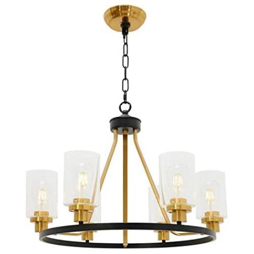 MELUCEE 6-Light Wagon Wheel Farmhouse Chandelier Black Finish and Brass Accents with Clear Glass Shade, Industrial Dining Room Light Round Island Lights for Kitchen Foyer