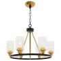 MELUCEE 6-Light Wagon Wheel Farmhouse Chandelier Black Finish and Brass Accents with Clear Glass Shade, Industrial Dining Room Light Round Island Lights for Kitchen Foyer
