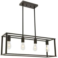 BONLICHT Rectangle Dining Room Lighting Fixture Hanging Oil Rubbed Bronze 4 Light Rustic Farmhouse Linear Chandelier Industrial Vintage Kitchen Island Metal Cage Pendant Light with Adjustable Rods