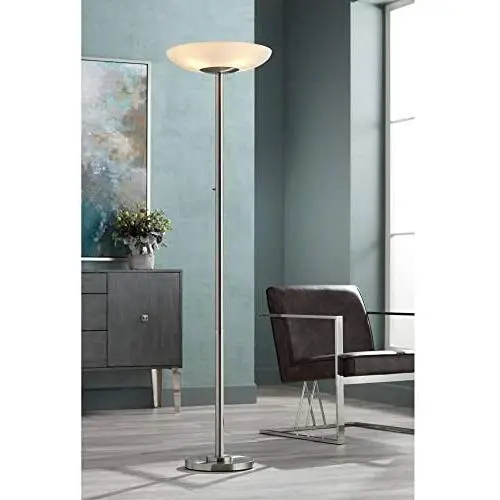 Meridian Modern Torchiere Floor Lamp Brushed Nickel Frosted Glass Shade CFL Bulbs for Living Room Reading Uplight - Possini Euro Design Meridian Modern Torchiere Floor Lamp Brushed Nickel Frosted Glass Shade CFL Bulbs for Living Room Reading Uplight - Possini Euro Design