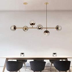 LITFAD Globe Shaped Island Lamp Smoke Gray Glass 6 Lights Dining Room Pendant Lighting Fixture Modern LED Chandelier in Brass Metal with Adjustable Cord for Bedroom Restaurant Hotel Bar