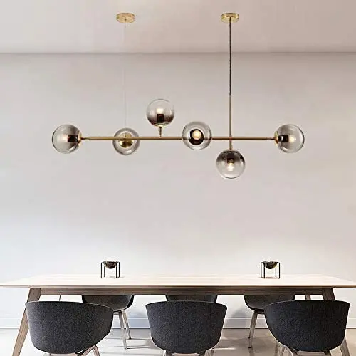LITFAD Globe Shaped Island Lamp Smoke Gray Glass 6 Lights Dining Room Pendant Lighting Fixture Modern LED Chandelier in Brass Metal with Adjustable Cord for Bedroom Restaurant Hotel Bar