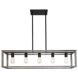 VINLUZ 5-Light Wood Chandelier Linear Industrial Kitchen Island Pendant Lighting Gray Wooden Frame Accents, Modern Dining Room Lighting Ceiling Hanging Farmhouse Light Fixtures for Entryway Foyer