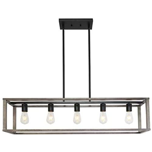 VINLUZ 5-Light Wood Chandelier Linear Industrial Kitchen Island Pendant Lighting Gray Wooden Frame Accents, Modern Dining Room Lighting Ceiling Hanging Farmhouse Light Fixtures for Entryway Foyer