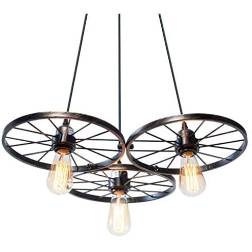 Rustic Industrial 3-Light Pendant Lighting,Oil Rubbed Bronze Vintage Hanging Ceiling Light Fixtures,Vintage Wheel Farmhouse Chandelier E26 for Kitchen Island Dining Room Bedroom Living Room Restaurant