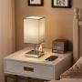 Bedside Table Lamp, Nightstand Lamp with 2 Useful 2-Prong A/C Outlets, Small Desk Light with Gray Square Fabric Shade, Grey Small Lamp for Bedroom Living Room Home Office（Bulb not Included)