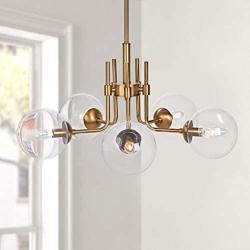 MOTINI 5-Light Sputnik Chandelier with Clear Glass 5LT Modern Pendant Geometric Light Rod Hanging Lighting Indoor 27''x 27''x11'', Brushed Brass