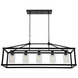 BONLICHT Kitchen Island Lighting 5 Light Modern Farmhouse Metal Cage Chandeliers with Clear Glass Shade Black Industrial Rectangle Dining Room Light Fixture Hanging Pendant Lamp for Foyer Bar Entryway