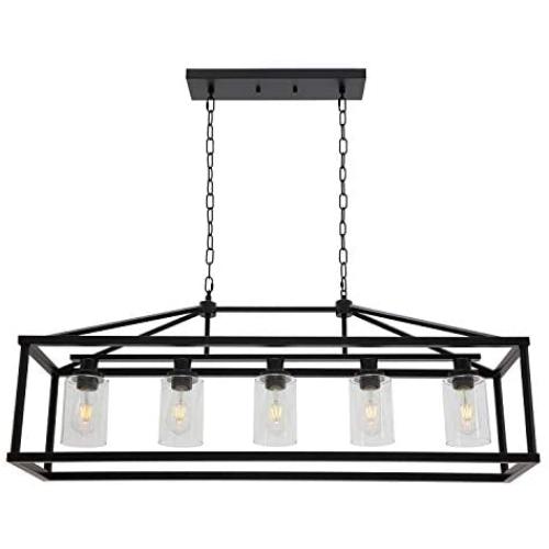 BONLICHT Kitchen Island Lighting 5 Light Modern Farmhouse Metal Cage Chandeliers with Clear Glass Shade Black Industrial Rectangle Dining Room Light Fixture Hanging Pendant Lamp for Foyer Bar Entryway