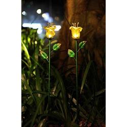 Joyathome Flower Solar Stake Lights Outdoor,2 Pack Solar Powered Metal Stake with Yellow Glass Lily Flower Decorative Lights, Waterproof Warm White LED Garden Lights for Backyard,Lawn