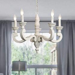 PAFEE Farmhouse Wooden Chandelier 5 Lights Hanging Fixtures Anticorrosive Arms for Dining, Bedroom, Living Room, 20”H x 24.5”L, White