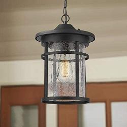 Emliviar Outdoor Hanging Lantern Light Fixture, 1-Light Exterior Pendant Porch Light in Black Finish with Crackle Glass, A208511D1