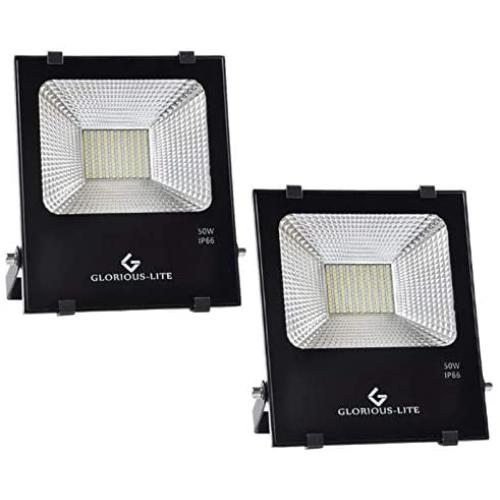 50W LED Flood Light Outdoor 2Pack, 4000 LM Super Bright Work Light GLORIOUS-LITE, Equiv 300W Halogen, IP66 Waterproof, 59inch Wire with Plug, 6500K White Light, for Garage, Garden, Lawn and Yard
