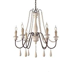 WT Vintage Wooden Chandelier, 6-Light White French Country Candle Chandelier for Dining Room, Bedroom, Living Room