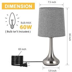 Bedside Table Lamps Set of 2 Small Modern Desk Lamp Classic Nightstand Table Light Set with Gray Fabric Shade and Silver Metal Base for Bedroom, Living Room, Office, Coffee Table, Great Gift