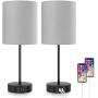 2-Pack Touch Control 3-Way Dimmable Grey Bedside Table Lamp, 2 USB Charging Ports Nightstand Lamp with 2700K Warm White Bulbs, Round Fabric Shade Modern Desk Reading Lamp for Bedroom Living Room