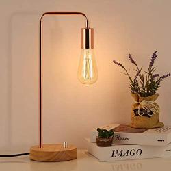 Rose Gold Table Lamp - Industrial Nightstand Lamp, Modern Desk Lamp with Wood Base for Bedroom Living Room Guest Room Coffee Table Dressers