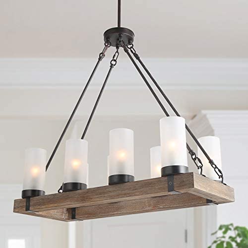 KSANA Wood Chandelier, Farmhouse Kitchen Island Lighting Fixture with with Frosted Glass Shade for Dining Room, Living Room and Bedroom