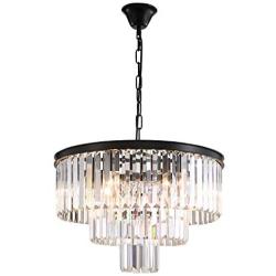 Siljoy Crystal Chandeliers Modern Round Ceiling Hanging Lamp 3-Tier Pendant Light Fixture for Dining Room Island Kitchen, 4 Lights, Dia 17.7'', Black Frame Base