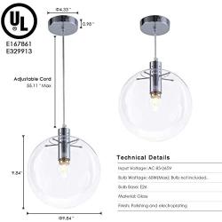 Industrial Large Glass Globe Pendant Light 9.84 inch Chrome, Modern Adjustable Edison Ceiling Hanging Light for Kitchen Island Dining Room Restaurants by Bewamf