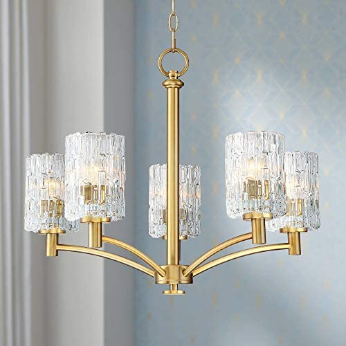 Icelight Warm Brass Chandelier 25'' Wide Modern Mid Century Prismatic Clear Glass 5-Light Fixture for Dining Room House Foyer Kitchen Island Entryway Bedroom Living Room - Possini Euro Design