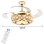 42 Inch Carved Art Gold Modern Crystal Ceiling Fan Light LED 3 Color 4 Blade Retractable Ceiling Fan with Light and Remote Control Silent Fan Chandelier Living Room Bedroom Dining Room