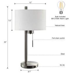 Modern Table Lamp with Hotel Style USB Charging Port for Bedroom Living Room Bedside Nightstand Home Office, 23''H Brushed Steel Finish with Linen Shade