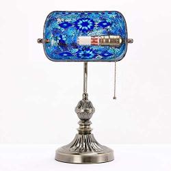 Marrakech Mosaic Lamp Traditional Antique Brass Bankers Table Lamp Vintage Tiffany Style Turkish Mosaic Glass Desk Lamp for Living Room Bedroom (Blue)