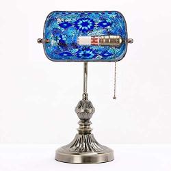 Marrakech Mosaic Lamp Traditional Antique Brass Bankers Table Lamp Vintage Tiffany Style Turkish Mosaic Glass Desk Lamp for Living Room Bedroom (Blue)