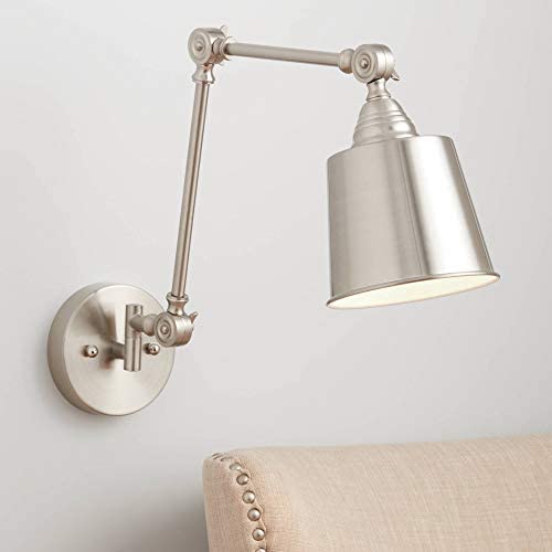 Mendes Industrial Swing Arm Wall Lamp Brushed Nickel Hardwired Light Fixture Metal Shade for Bedroom Bedside Living Room Reading - 360 Lighting