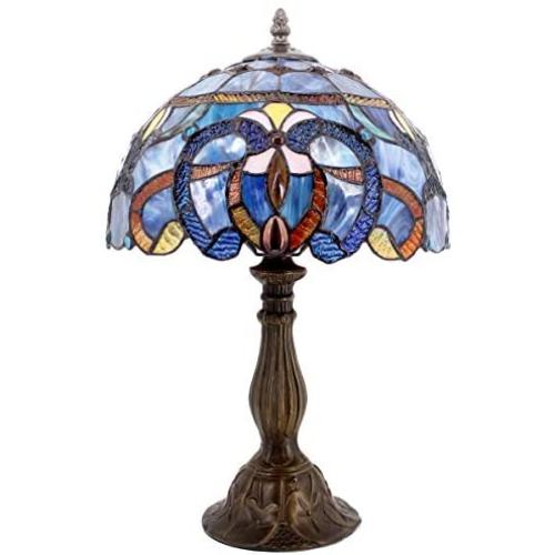 Tiffany Style Lamp Stained Glass Table Reading Light Blue Purple Cloud Shade W12H18 Inch S558 WERFACTORY Lamps Parent Lover Living Room Bedroom Office Study Bedside Bookcase Desk Antique Craft Gift