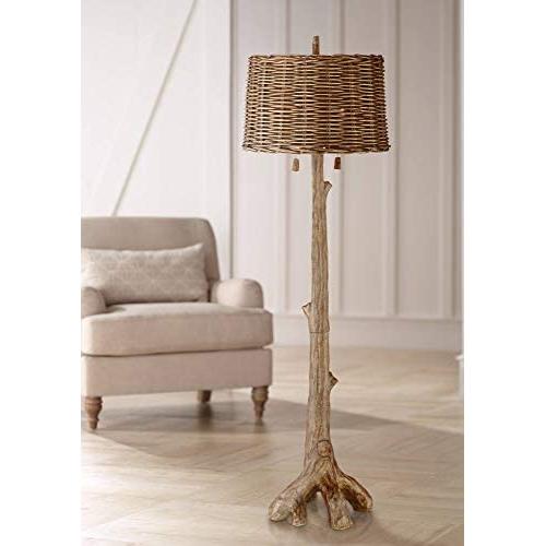 Woodley Rustic Country Cottage Floor Lamp Faux Wood Tree Brown Wicker Drum Shade for Living Room Reading Bedroom Office - Barnes and Ivy