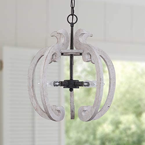 Farmhouse Cottage 4-Light Candle Wood Chandelier, French Country Wooden Light Fixture Wood Pendant Ceiling Light for Dining Room, Living Room, Foyer, Hall, Restaurant - Distressed White