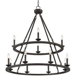 Myland Bronze Wagon Wheel Large Chandelier 36'' Wide Farmhouse 2-Tier 12-Light Fixture for Dining Room House Foyer Kitchen Island Entryway Bedroom Living Room - Franklin Iron Works