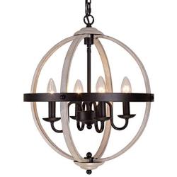 Q&S Rustic Farmhouse Light Fixture, Industrial Metal Pendant Light, ORB and Oak White Vintage Chandelier, 4 Lights Round Chandelier Fixture for Kitchen Island Dining Room,E12 D16.85 ''H 67.37 ''