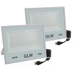 GLW 100W LED Flood Lights,Outdoor Super Bright Security Lights,6000k 10000LM Daylight White with Plug,IP66 Waterproof Outside Work Light for Playground,Garage,Yard and More [2 Pack]