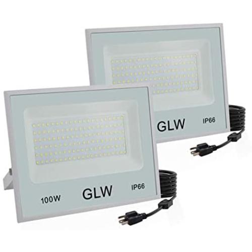 GLW 100W LED Flood Lights,Outdoor Super Bright Security Lights,6000k 10000LM Daylight White with Plug,IP66 Waterproof Outside Work Light for Playground,Garage,Yard and More [2 Pack]