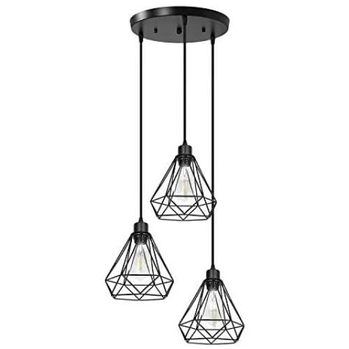 Farmhouse Black Pendant Lighting 3-Light Industrial Modern Hanging Lighting Fixtures for Dining Room Bedroom Kitchen Living Room Hallway Foyer Bar ( Diamond Lampshade )