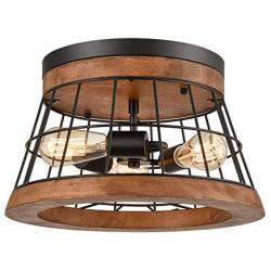 Farmhouse Wood Round Ceiling Light Rustic Drum Flush Mount Lighting Fixture Brown Finished Natural Wood