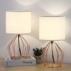 Hollowed Out Base Modern Lamp Bedside Table Lamp Set of 2 Geometric Desk Lamp with White Fabric Shade for Living Room Bedroom Guestroom - Rose Gold