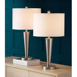 Geoff Modern Table Lamps Set of 2 with Hotel Style USB Charging Port Brushed Steel White Drum Shade for Living Room Family Bedroom - 360 Lighting