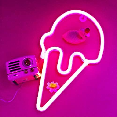 LED Light Up Ice Cream Neon Lamp Lights, Cute Neon Signs, Summer Lights Room Decor Battery or USB Powered Art Decorative Night Lights Indoor for Home, Bedroom, Office,Dorm,Party,Kid,Children,Girl Gift