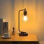 Industrial Table Lamp, Bulb Included Dual USB Port Iron Lantern Glass Shade Style Dimmable Bedside Desk Lamp for Bedroom, Office, Living Room, Dressing Table, Hotel Farmhouse Desk Lamp