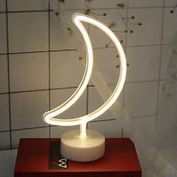 Warm White Moon Neon Sign Night Light Lamp with Holder Base Decorative Marquee Signs Light Battery Operated Wall Decoration for Living Room Bedroom Christmas Party Supplies Kids Toys Birthday Gifts