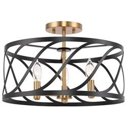 Kira Home Isabelle 16'' 3-Light Modern Semi-Flush Mount Ceiling Light, Metal Drum Shade, Warm Brass Accents + Black Finish