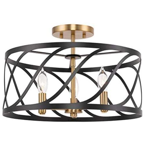 Kira Home Isabelle 16'' 3-Light Modern Semi-Flush Mount Ceiling Light, Metal Drum Shade, Warm Brass Accents + Black Finish