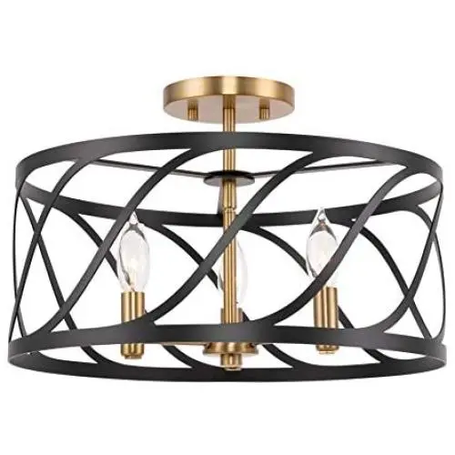 Kira Home Isabelle 16'' 3-Light Modern Semi-Flush Mount Ceiling Light, Metal Drum Shade, Warm Brass Accents + Black Finish